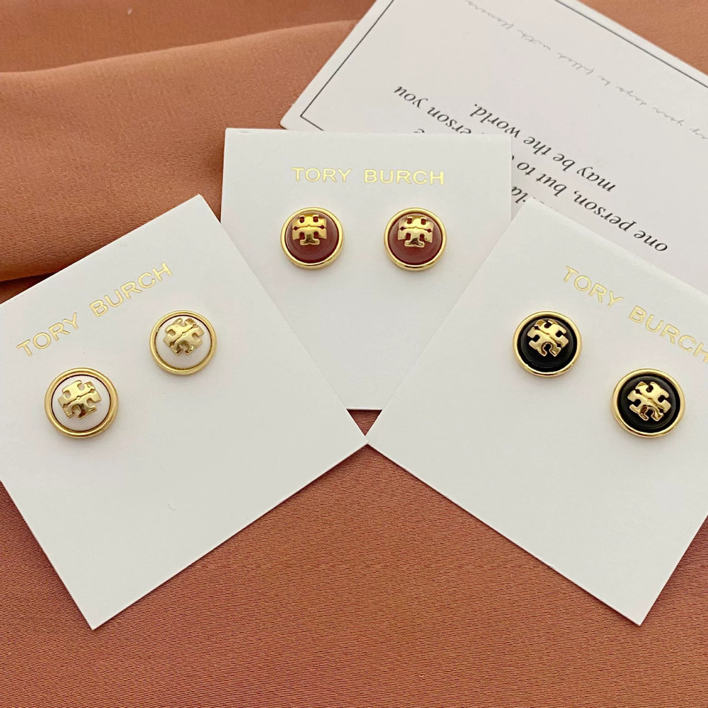 Tory Burch Letter Inlay Round Stud Earrings Metal